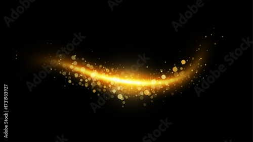 Curved gold line with glitter dust, realistic golden light flare with shining pieces. Vector illuminated beam with shimmer texture effect. Illumination trail with bright round particles