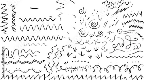 Collection of hand drawn ink strokes and lines including zigzags spirals and wavy patterns on white paper