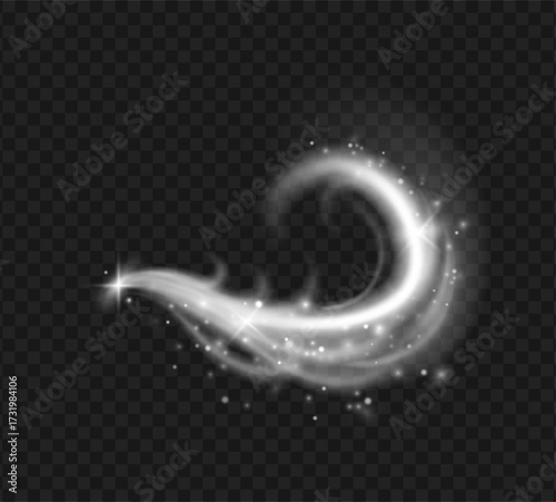 Snow wind, light curved and circular shining elements with round snowflakes or sparkles. Vector realistic icy and frosty air waves, magical swirling lines with flying shimmering particles