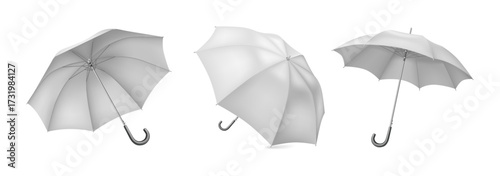 Umbrellas or parasols made of rod and circular waterproof textile. Vector isolated protecting from rain and sunshine during summer season. Sunshade or rainshade in different angles of view