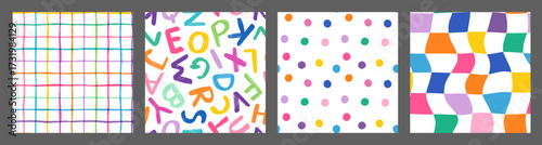 Colorful dots, wavy plaid and alphabet letters seamless vector set, Cute backgrounds for children birthday and school designs
