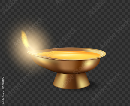 Metal diya in shape of bowl filled with oil. Vector isolated realistic brass or copper made ghee lamp for Indian festival of lights. Cultural festive decoration. Home decor and religious item of hindu
