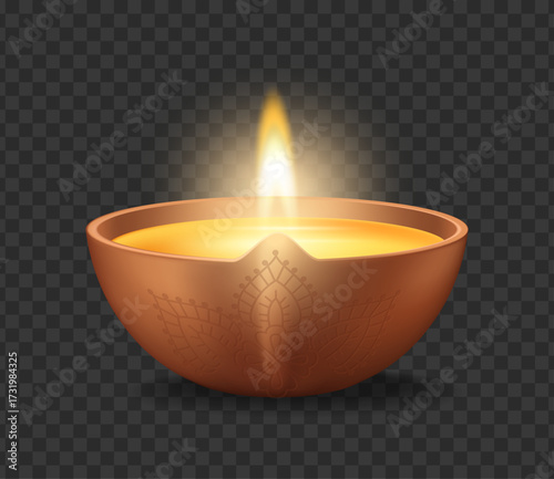 Indian traditional clay lamp for festival of light. Vector isolated diya in shape of bowl decorated with rangoli flower print filled with oil or ghee. Decor item during Diwali holiday
