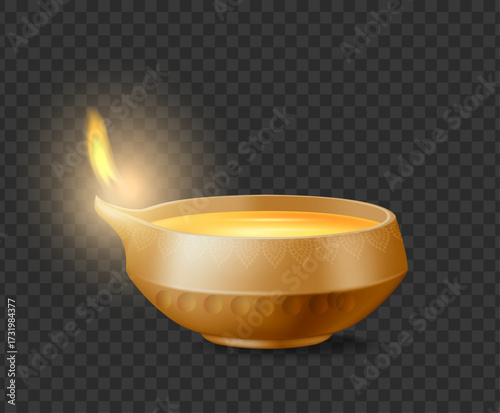 Classic traditional Indian clay diya with leafage print and decorative elements. Vector isolated bowl shaped lamp filled with oil or ghee with spout. Deepavali or Diwali celebration, festival of light