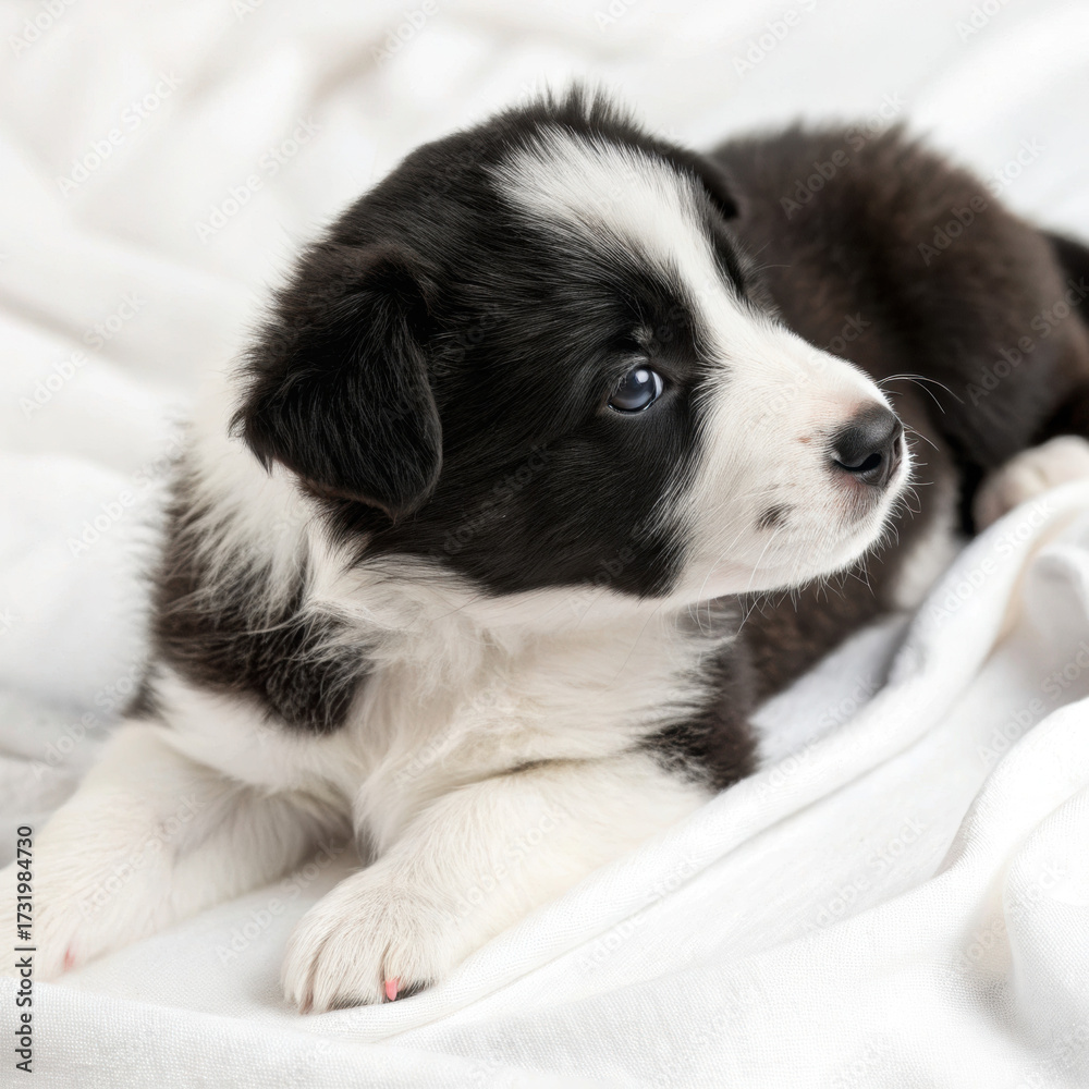 Fototapeta premium Close-Up of a Four-Day-Old Black and White Puppy Lying Down, Cute Pet Photography, Animal, Adorable Dog, Newborn Puppy, Domestic Companion, Isolated on White. PNG