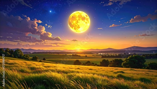 Golden moon, sunrise, rolling hills, grassy field