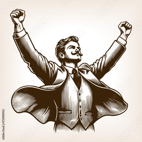 businessman in a suit raising his arms in triumph, symbolizing victory and achievement sketch engraving generative ai fictional character vector illustration. Scratch board. Black and white image.