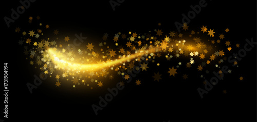Magic stream of light, tail of comet of shooting star decorated with confetti. Vector isolated cosmic dust with sparkles and flares. Glowing and shining ray of luminary, glossy twinkles flashes