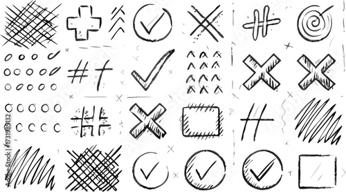 A collection of hand drawn sketches including check marks crosses and various geometric shapes and lines