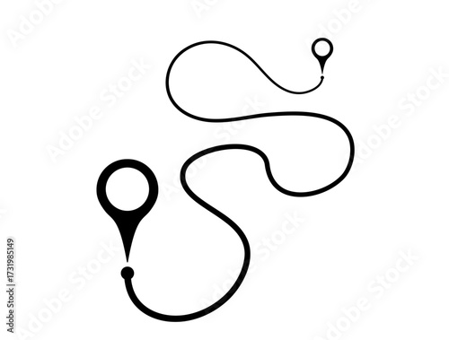 Black location pin markers with road line vector design. Pinpoint gps map markers illustration isolated on white background. 