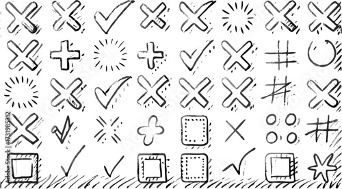 Collection of hand drawn black and white checkmarks crosses plus signs and other shapes in a grid pattern