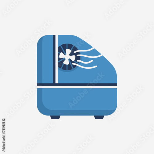 Illustration of a blue air cooler with a fan and air waves.