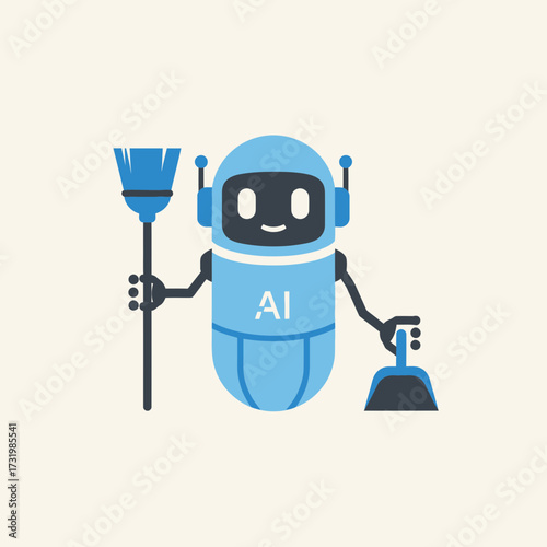 Illustration of a cleaning robot holding a broom and dustpan on a light background.