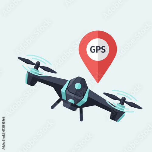Drone with GPS icon, vector illustration on light blue background.