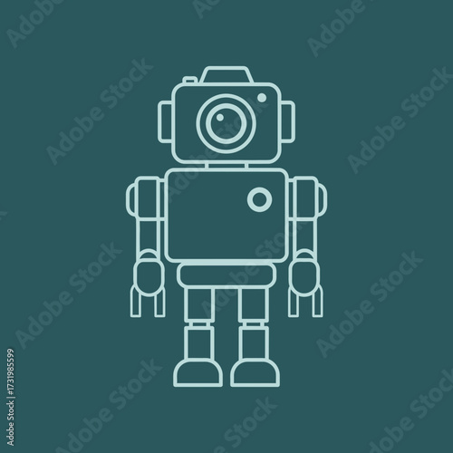 Illustration of a robot with a camera for a head, standing on a blue background.