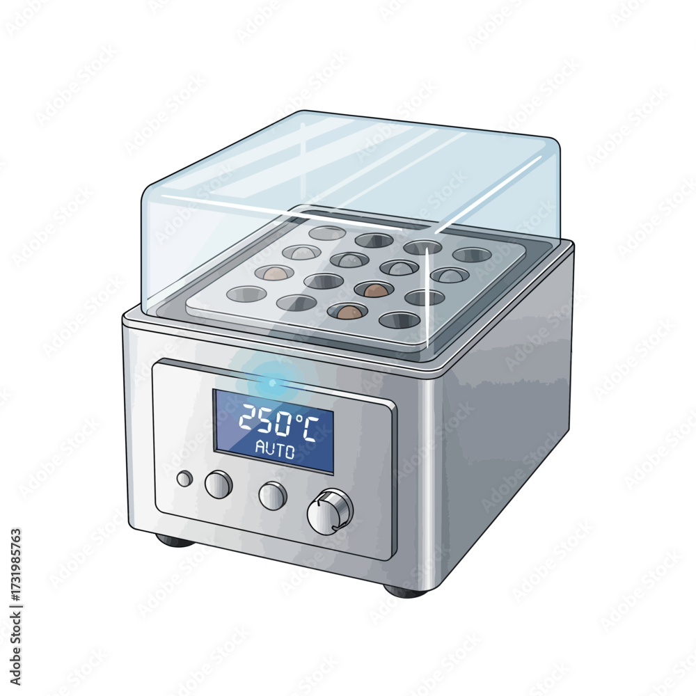 Obraz premium Laboratory heating block with digital display and transparent lid, used for scientific experiments.