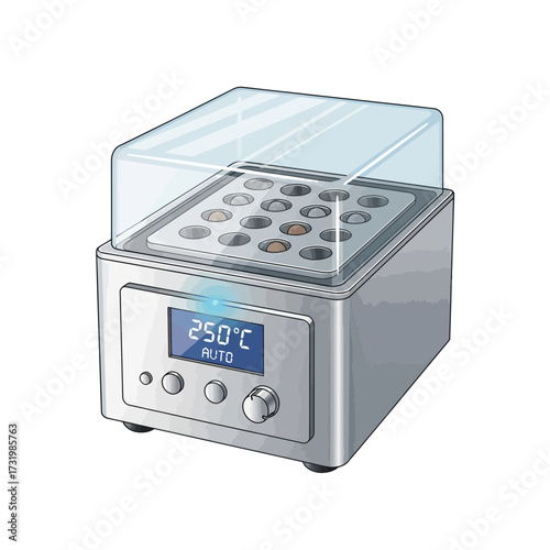 Laboratory heating block with digital display and transparent lid, used for scientific experiments.