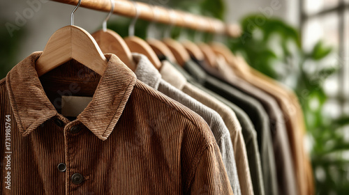 Row of corduroy jackets in various earthy tones hangs on wooden hangers, creating cozy and stylish display