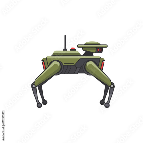 Illustration of a green robotic quadruped with antenna and sensor.