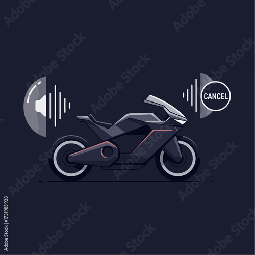 Illustration of a futuristic electric motorcycle with sound cancellation feature.