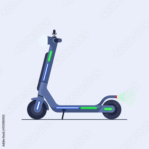Illustration of a blue electric scooter with green and white lights on a light blue background.