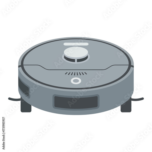 Gray robot vacuum cleaner with a round shape and a white button on top.