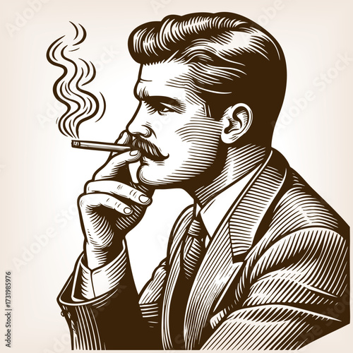 man in a suit smoking a cigarette, symbolizing classic masculine style and old-fashioned elegance sketch engraving generative ai fictional character vector illustration. Scratch board. Black and white