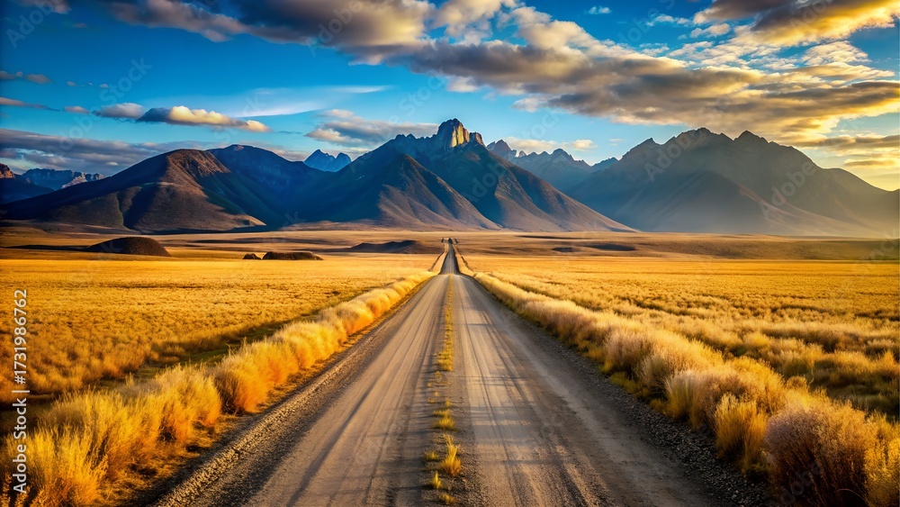 Naklejka premium Long dirt road leading to distant mountains at sunset