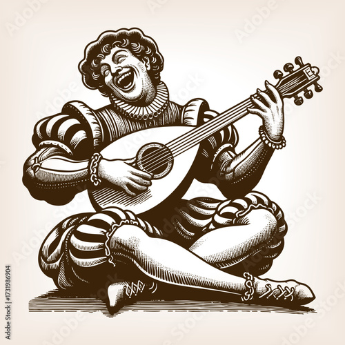 cheerful minstrel in old-fashioned costume, energetically dancing while playing lute sketch engraving generative ai fictional character vector illustration. Scratch board. Black and white.