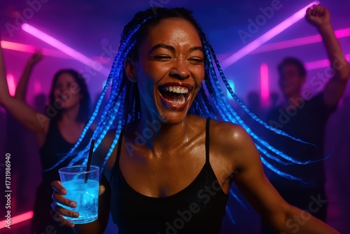 Exuberant Woman with Glowing Drink Dancing at Neon Dubstep Rave