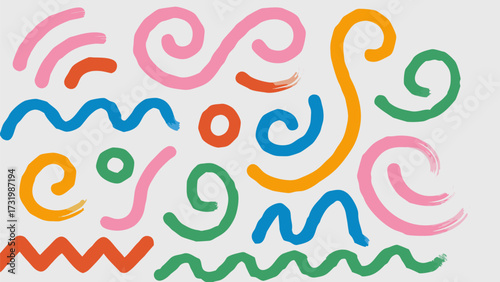 Colorful brush stroke doodles with swirls and zigzags on a white background in a playful arrangement