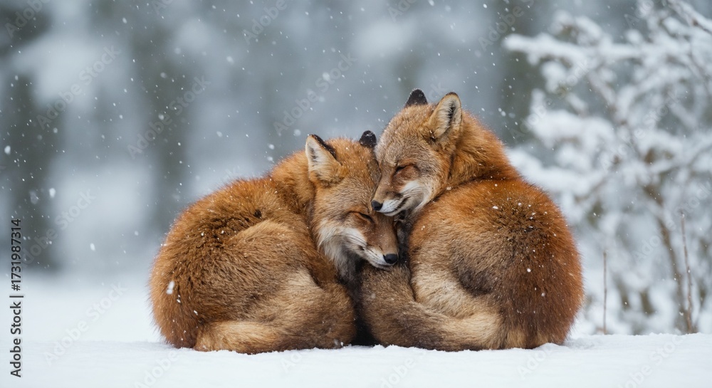 Obraz premium Two foxes cuddling in snowy winter forest wildlife love scene