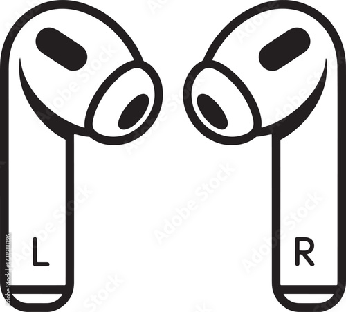 Left and Right Earphones Line Art,  Bluetooth Earbuds Vector Illustration
