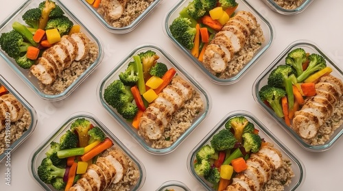 Flat Lay of Balanced Meal Prep Containers with Chicken, Rice, and Vegetables