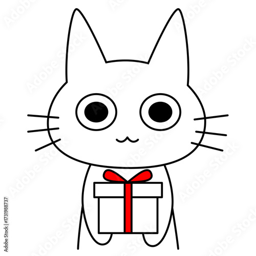 シンプルで可愛い白猫のイラスト、プレゼントを抱える猫