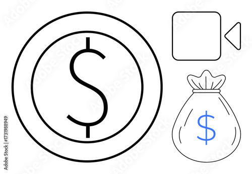 Dollar coin, money bag with a dollar sign, and video recording symbol emphasize finance, revenue generation, multimedia projects, content creation, marketing strategies, and investment ideas. Ideal