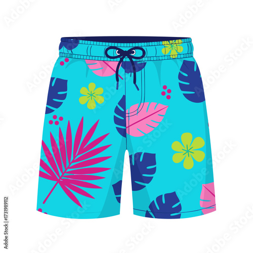 Turquoise floral shorts with leaf patterns for summer vacation