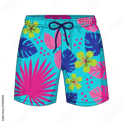Tropical paradise inspired cyan shorts with vibrant pink and green floral prints