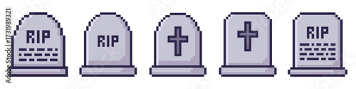 gravestone pixel art set of objects, tombstone, halloween decoration, old vintage arcade 8 bit game style, spooky season, pixelated stickers, vector illustration