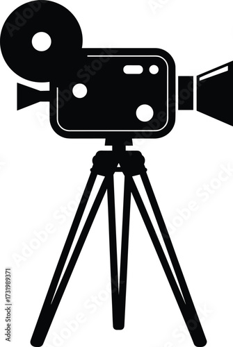 Black silhouette of a vintage film camera on a tripod antique apparatus