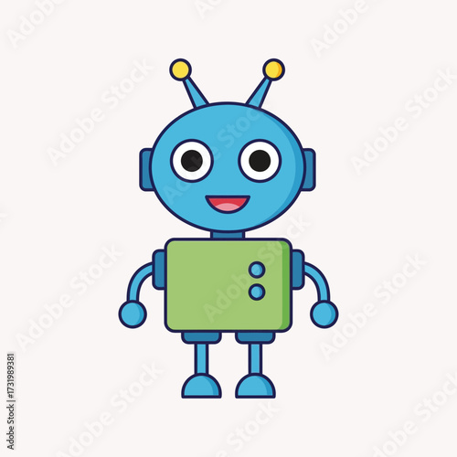 Cartoon robot with blue head, green body, and yellow antennae.