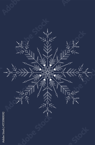 A white snowflake on a blue background. An image of a snowflake with sharp, spiky rays. A New Year's ornament for creativity.