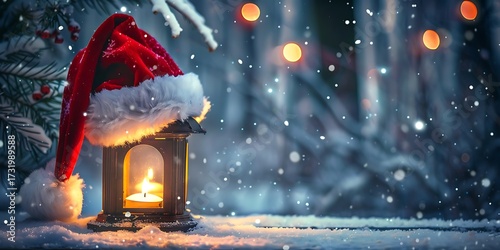 Cozy Christmas lantern with Santa hat glows warmly in falling snow