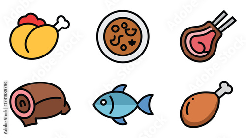 Vector Illustration of various meat dishes including chicken, fish, and beef, , showcasing diverse culinary options and flavors