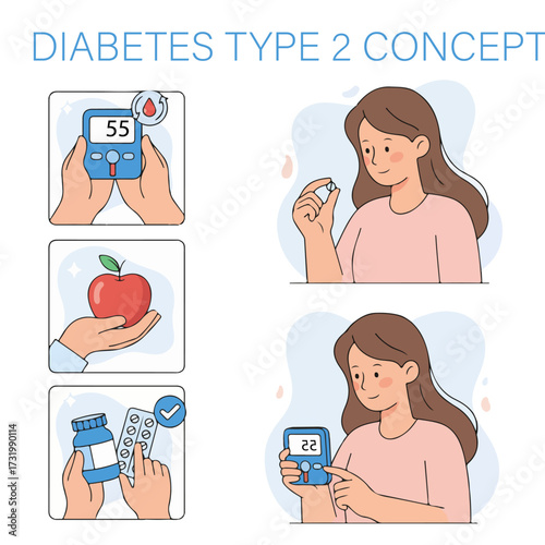 Vector Illustration of Woman Managing Type 2 Diabetes: Blood Sugar Check, Diet, and Medication