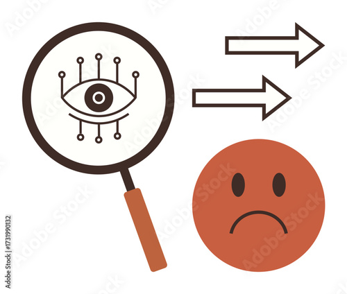 Magnifying glass with eye symbol representing surveillance and data analysis, arrows denoting effect, and sad face expressing privacy concern. Ideal for technology, privacy, cybersecurity, data