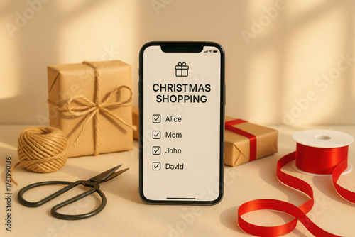 Festive holiday shopping list displayed on mobile phone with gifts and wrapping accessories