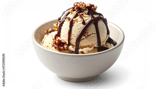 Creamy vanilla ice cream scoop, drizzled with dark chocolate sauce, topped with walnuts, in a light beige bowl
