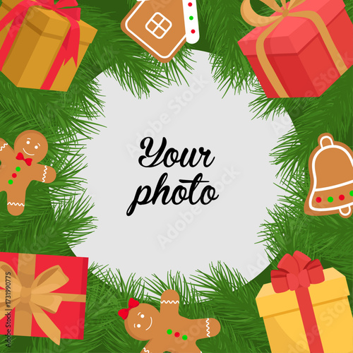 Photo frame with Christmas elements Gifts fir tree branches ginger cookies