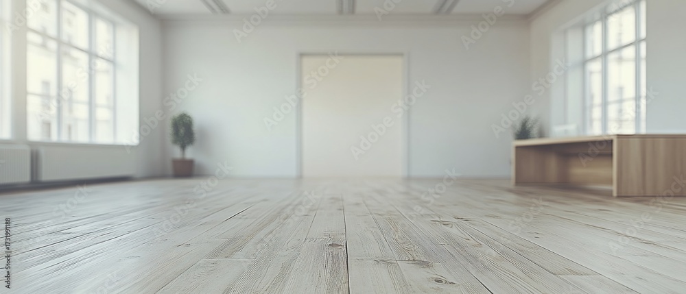 Fototapeta premium Empty room, wood floor, large windows, minimalist design, interior design